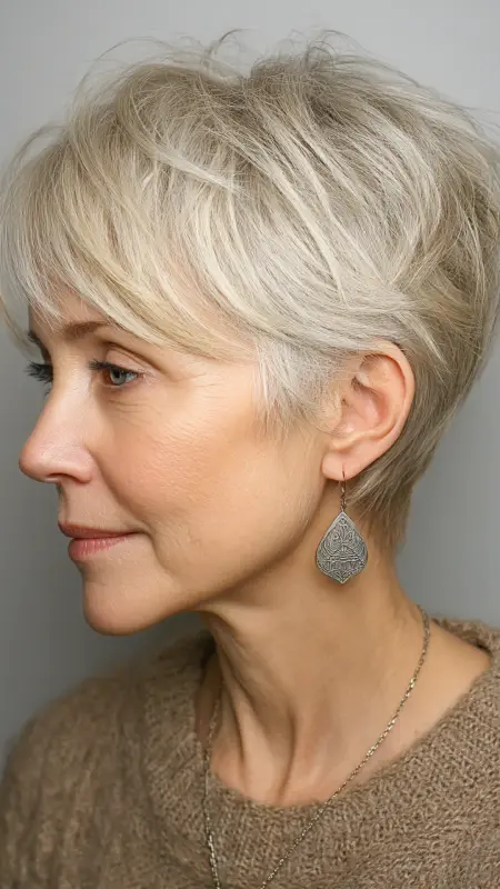 Layered Undercut Pixie with Wispy Bangs - Undercut pixie haircut for older women