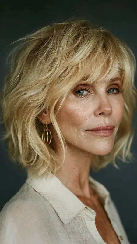 Layered Wavy Bob with Curtain Bangs - bob hair styles for women over 50