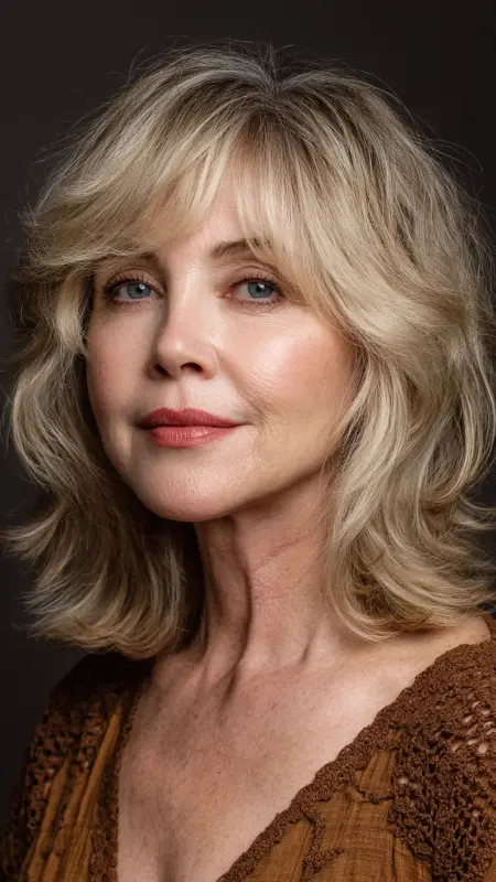 Long Layered Cut with Curtain Bangs - hairstyles for women over 70 with bangs