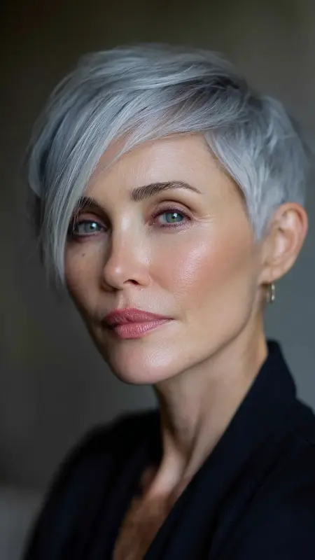 Long Pixie with Long Side Bangs -  Haircuts for women over 50 with bangs 