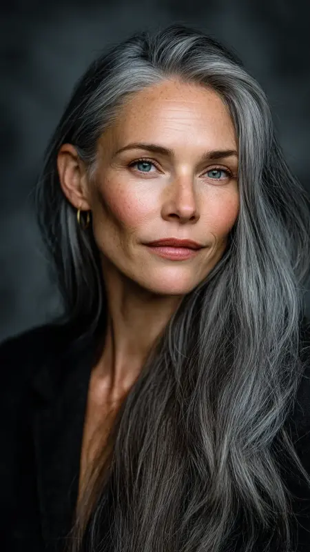 Long Sleek Gray Layers - gray hair styles for women over 50