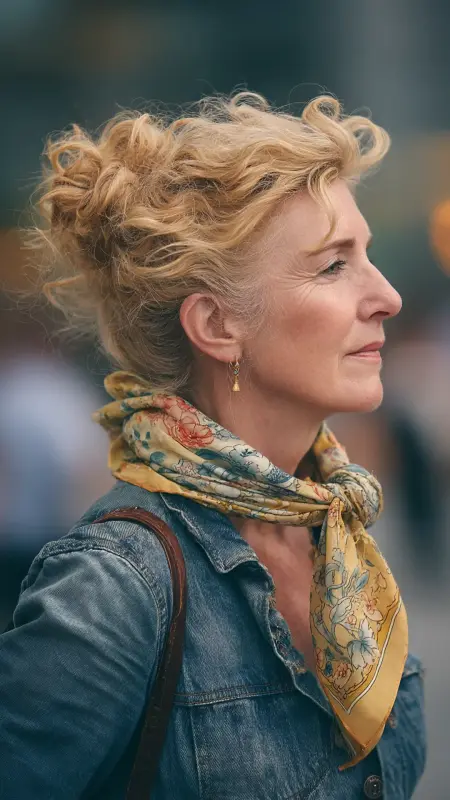Loose Curly Bun with Scarf - Hairstyles For Women Over 60 With Curly Hair