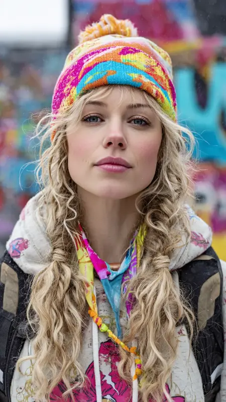Loose Curly Pigtails with Colorful Beanie - Curly Hairstyles With Beanies