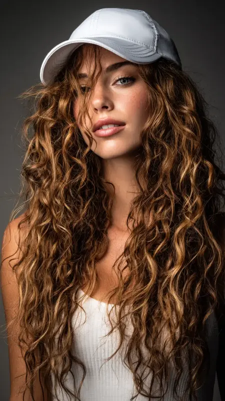 Loose Spiral Curls  Trucker Hat -  Trucker Hat Hairstyles 