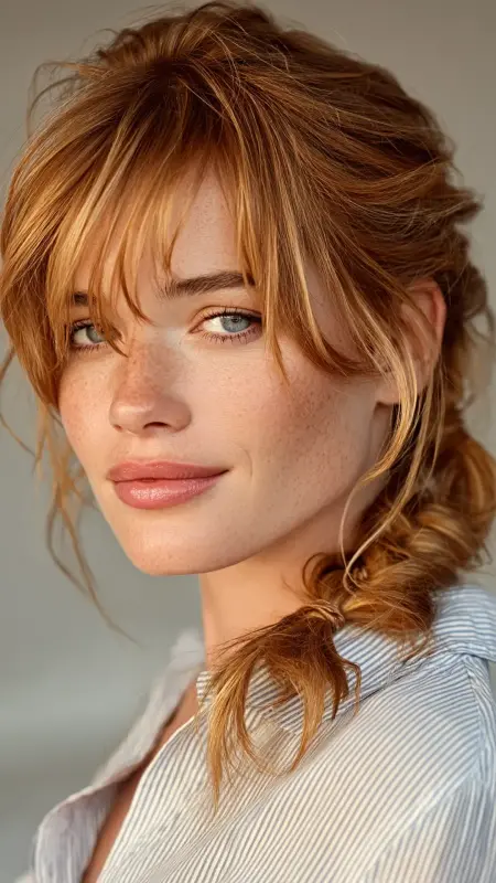 Low Braided Ponytail with Curtain Bangs - long curtain bangs round face