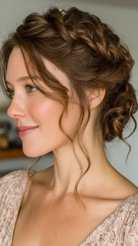 Low Bun with Twisted Curtain Bangs - Face framing curtain bangs on curly hair
