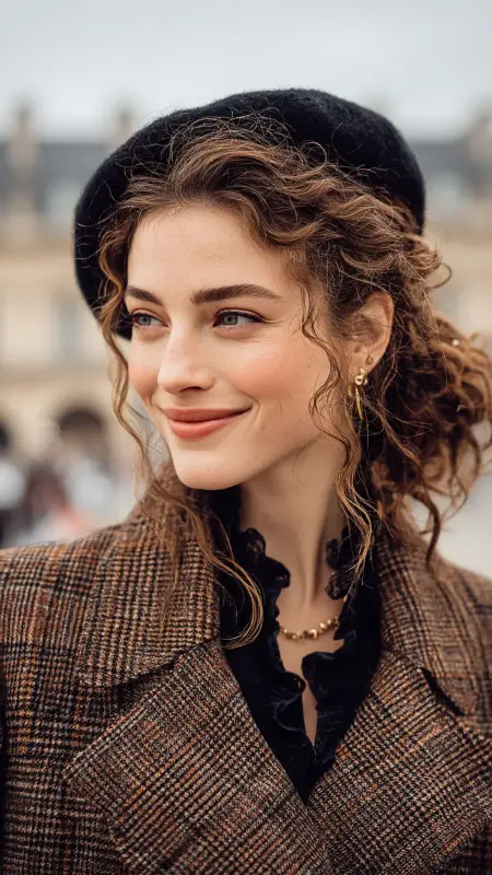 Low Curly Ponytail with Beret Beanie - Curly Hairstyles With Beanies