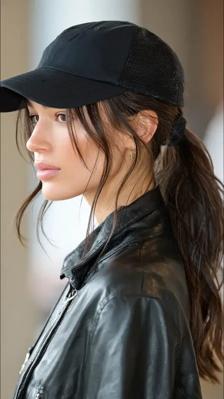 Low Sleek Ponytail  Trucker Hat -  Trucker Hat Hairstyles 