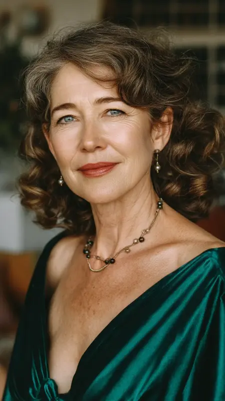 Medium Curled Layers with Side Bangs -  Haircuts for women over 50 with bangs 