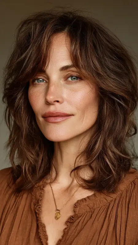 Medium Shag with Curtain Bangs -  Haircuts for women over 50 with bangs 
