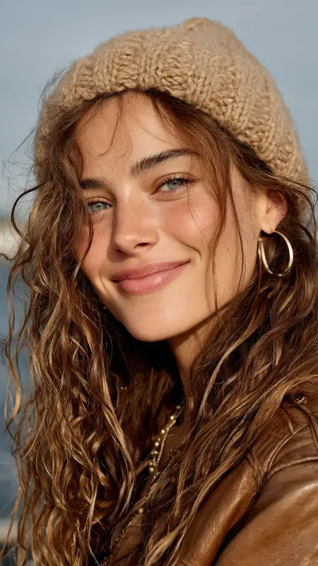 Messy Beach Curls with Chunky Knit Beanie - Curly Hairstyles With Beanies