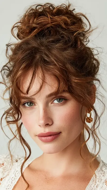 Messy Bun with Curly Curtain Bangs - Face framing curtain bangs on curly hair