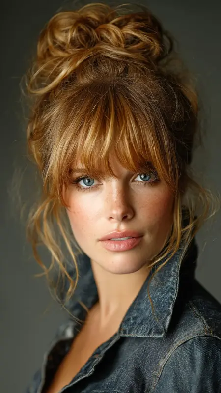 Messy Bun with Voluminous Curtain Bangs - long curtain bangs round face