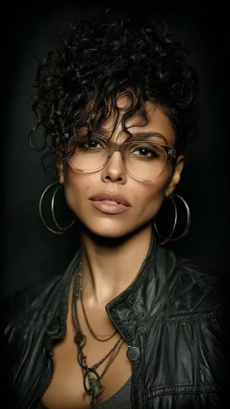 Messy Curly Pixie with Crown Volume -  short curly hair with glasses 