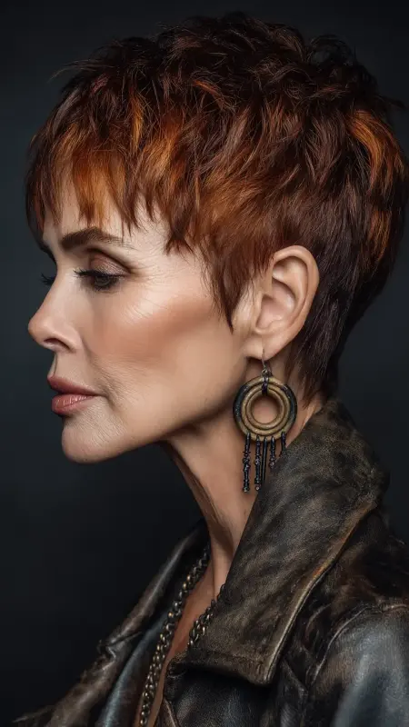 Metallic Bronze Pixie with Long Top Layers - hair color for older women over 50