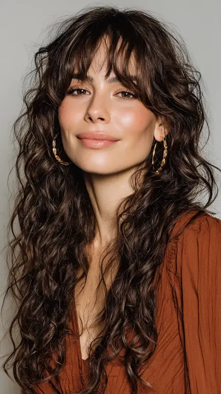 Mid-Length Defined Curls with Long Curtain Bangs - Face framing curtain bangs on curly hair