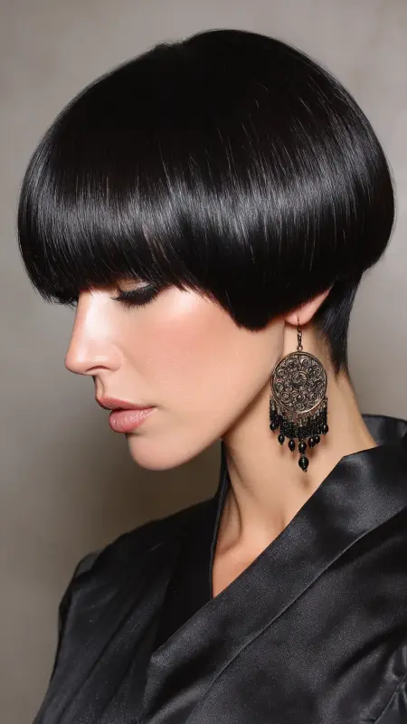 Jet-Black Magic: The Chic Mushroom Cut - Mushroom Haircut