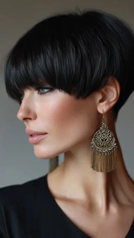 Jet-Black Chic: The Modern Mushroom Cut - Mushroom Haircut