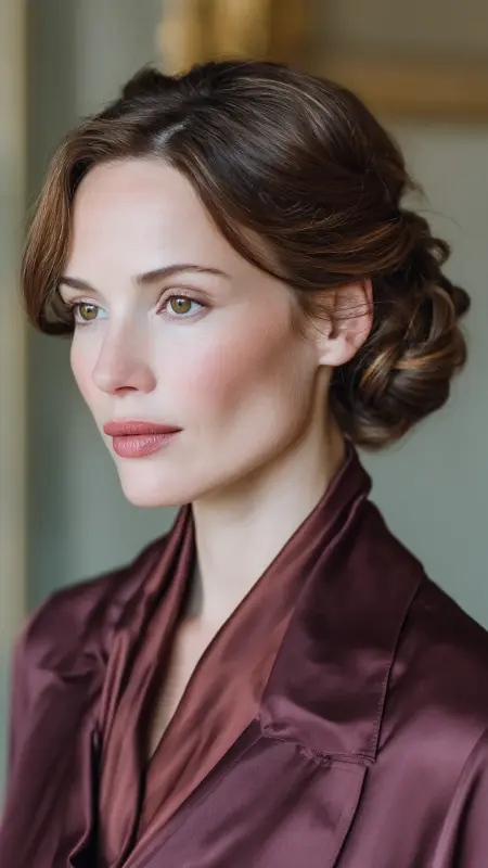 Muted Chestnut - Sculpted Chignon With Side Part - Old money hair color
