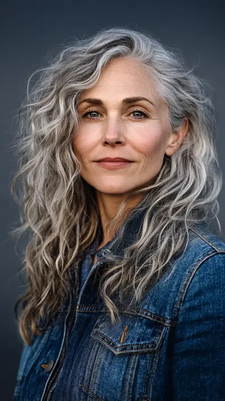 Natural Air-Dried Waves with Silver Glow - Shoulder Length Hairstyles For Women Over 60