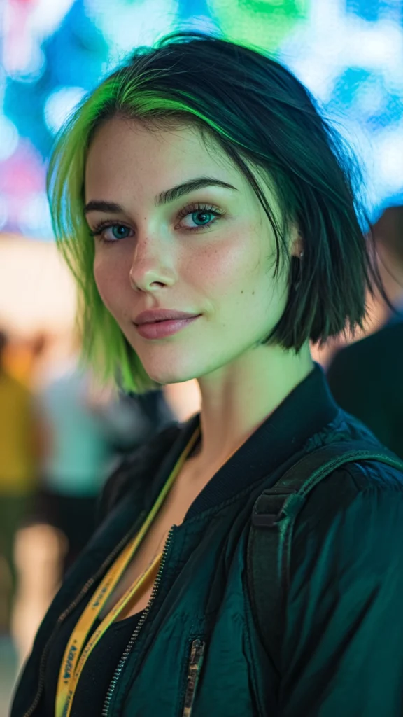 Peekaboo Neon Green Under Dark Bob – Hair color for college students – HappyHairy
