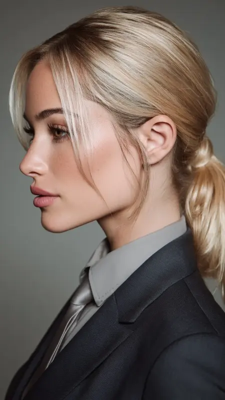 Platinum Pearl Dust - Luxe Ponytail with Center Part - Old money hair color