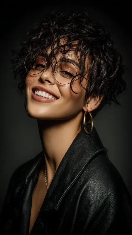 Playful Pixie Curls -  short curly hair with glasses 