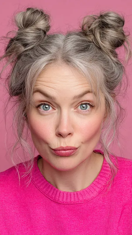 Playful Silver Space Buns - gray hair styles for women over 50
