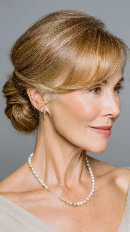 Polished Chignon with Face-Framing Bangs - hairstyles for women over 70 with bangs