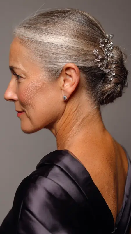 Polished Top Knot or Mini Bun - Hairstyles for women over 70 with thinning hair