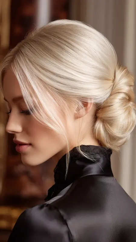 Porcelain Ash Blonde - Regal Twist Bun - Old money hair color