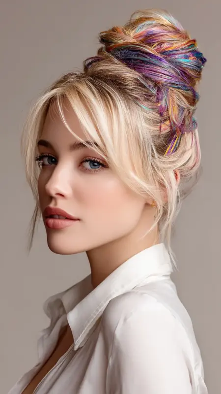 Kaleidoscope Elegance: Blonde Updo with Vibrant Prism Highlights - Prism Hair