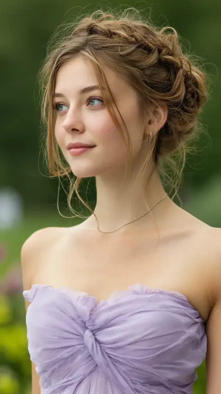 Sunlit Charm: The Dreamy Braided Updo - Prom Hairstyles for Strapless Dresses