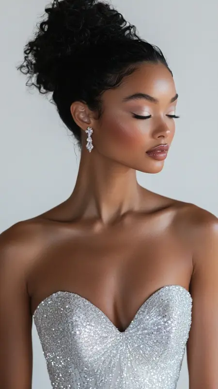 Enchanting Voluminous Curly Updo for Striking Black Elegance - Prom Hairstyles for Strapless Dresses