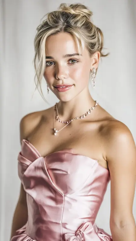 Effortlessly Chic Blonde Updo with Whispering Face-Framers - Prom Hairstyles for Strapless Dresses
