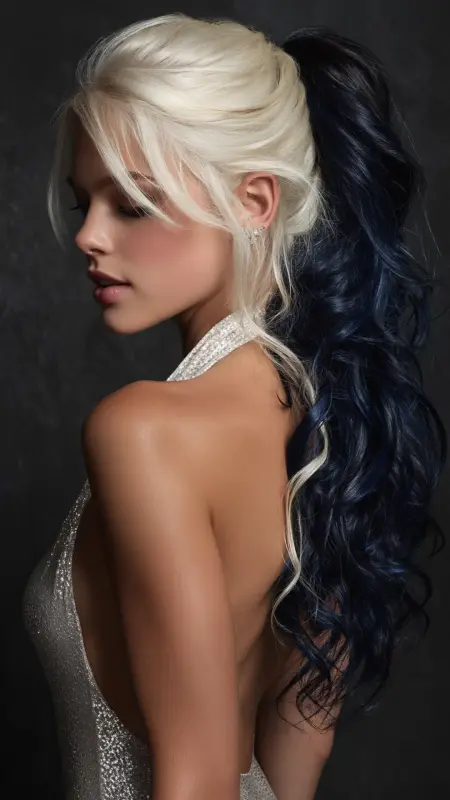 Retro High Pony - Icy Blonde Midnight Blue - Two hair colors split