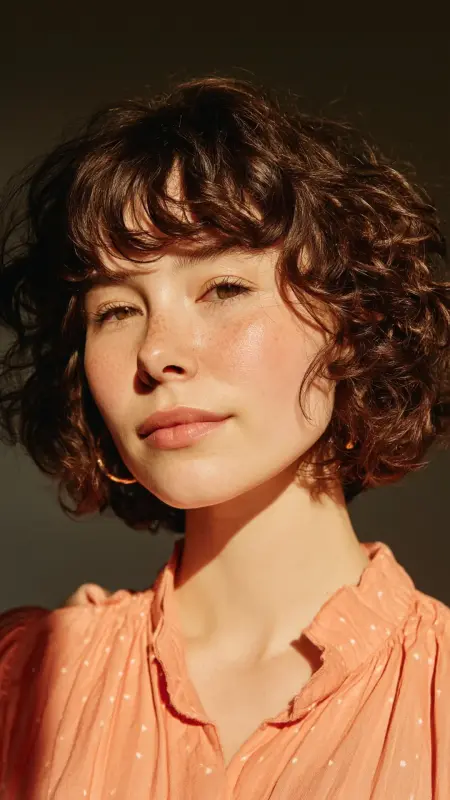 Retro-Inspired Curly Bob with Curtain Bangs - Face framing curtain bangs on curly hair