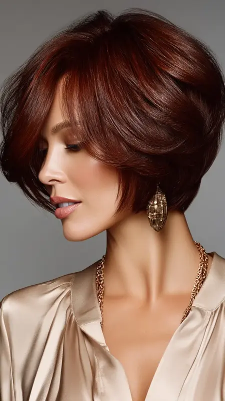 Rich Mahogany Short Crop with Side Part - hair color for older women over 50