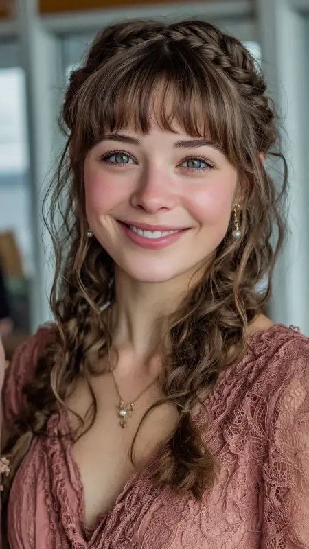 Romantic Braided Crown with Curtain Bangs - long curtain bangs round face