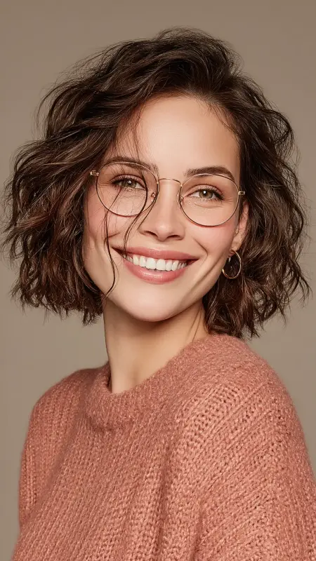 Romantic Curly Bob with Side Part -  short curly hair with glasses 