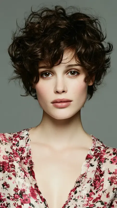 Romantic Curly Pixie with Side-Swept Bangs - Short pixie haircuts for curly hair