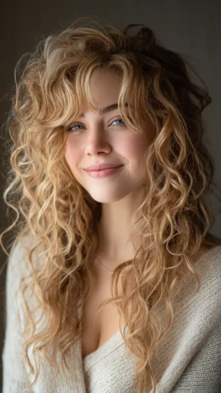 Romantic Soft Curls with Wispy Curtain Bangs - Face framing curtain bangs on curly hair