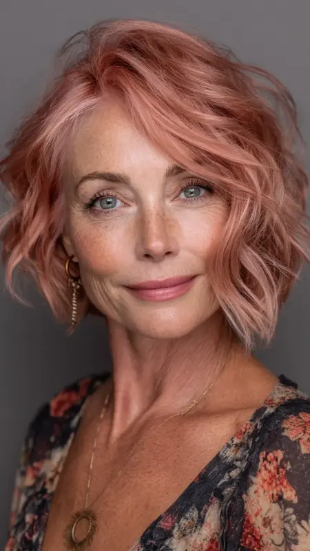 Rose Gold Layered Lob with Tousled Ends - hair color for older women over 50
