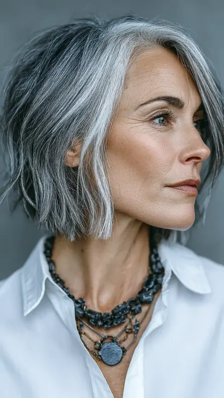 Salt-and-Pepper Chin-Length Bob with Textured End - hair color for older women over 50
