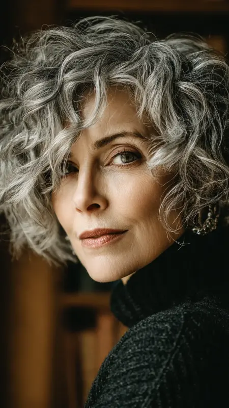 Salt-and-Pepper Layered Curl Bob - Short Curly Haircuts For Women Over 50