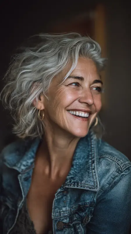 Salt-and-Pepper Layered Shag - hair color ideas for women over 70