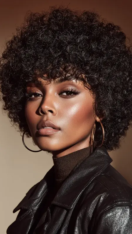Sculpted Afro with Dramatic Curtain Bangs - Face framing curtain bangs on curly hair