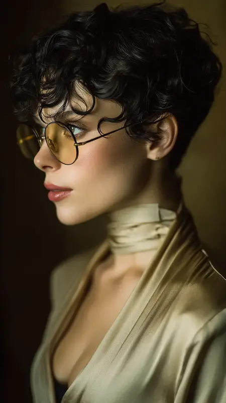 Sculpted Finger Waves on Curls -  short curly hair with glasses 