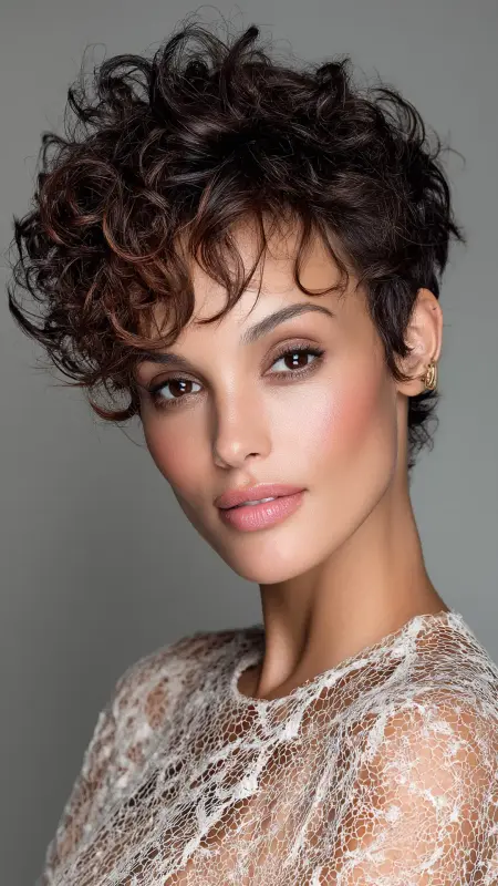 Sculpted Pixie with Crown Highlights - Short pixie haircuts for curly hair