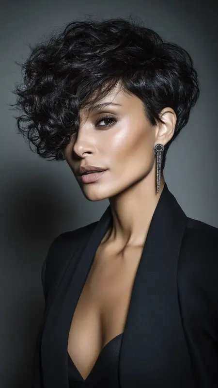 Sculpted Pixie with Defined Side Part - Short pixie haircuts for curly hair